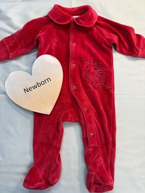 Please Mum - Vintage Canadian Red Velour Baby Onesie with Embroidered Design